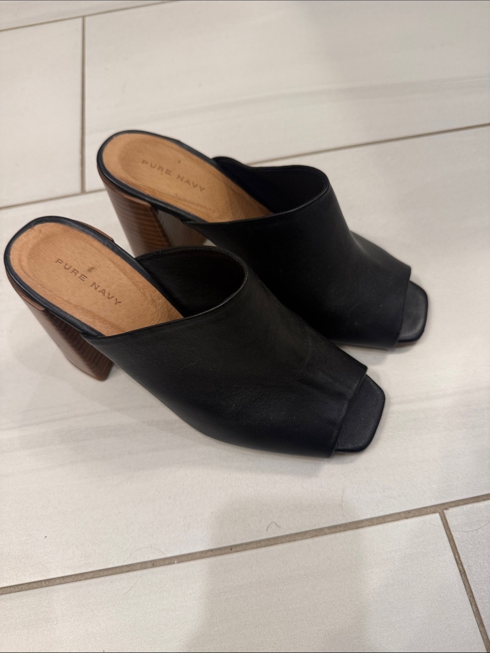 Pure Navy Black Leather Open-Toe Mule with Stacked Heel